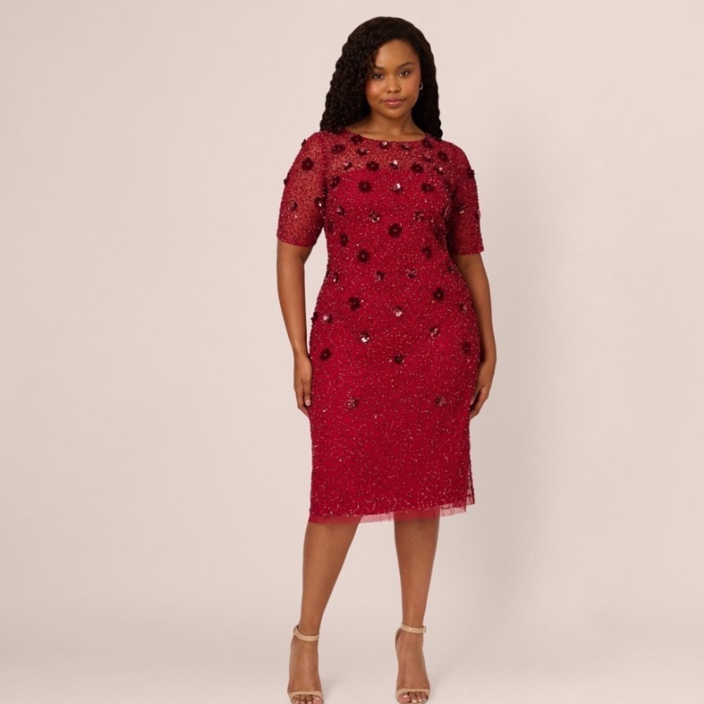 Adrianna Papell Plus Size Floral Sequin Elbow-Sleeve Sheath Dress MSRP $279